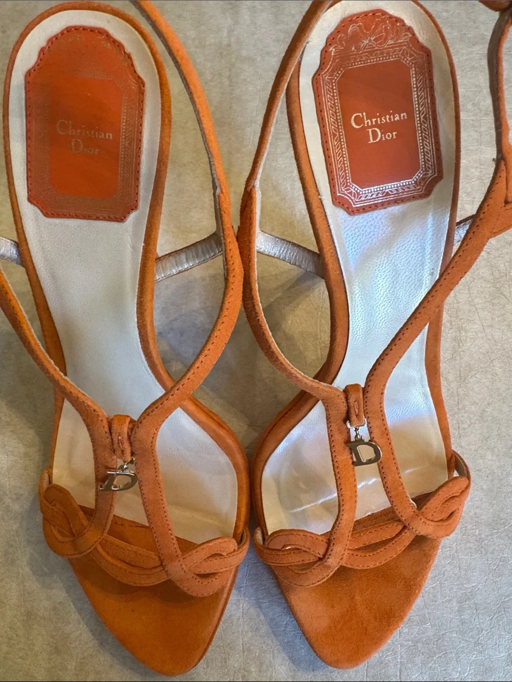 Dior Orange Suede T-Strap Slingback Heels